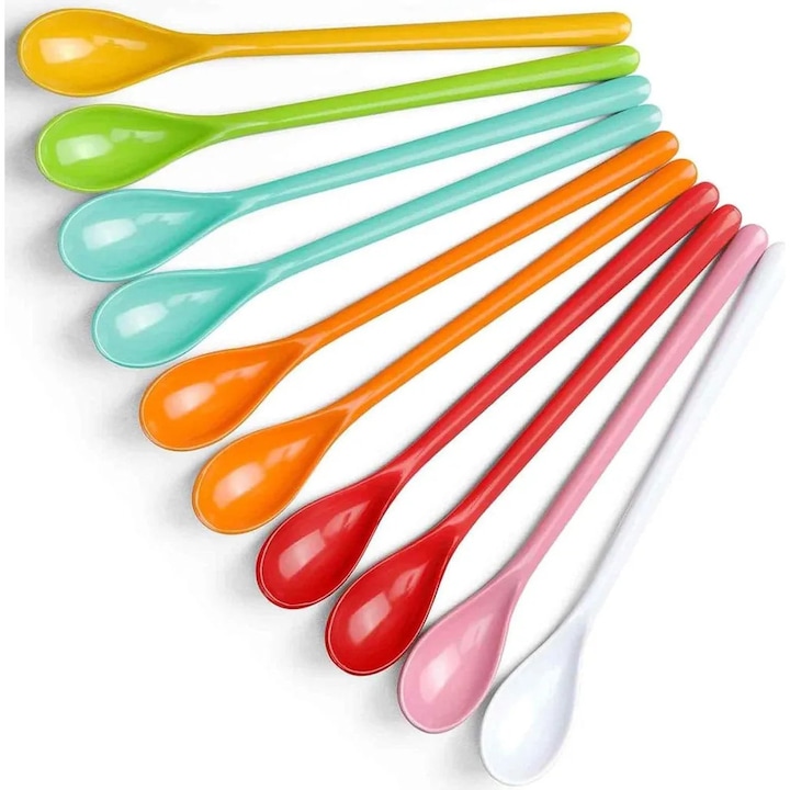 Set de 10 linguri lungi din plastic, reutilizabile, pentru cafea/yogurt/desert, multicolor, K0345-0808-KFCJ-xw25392