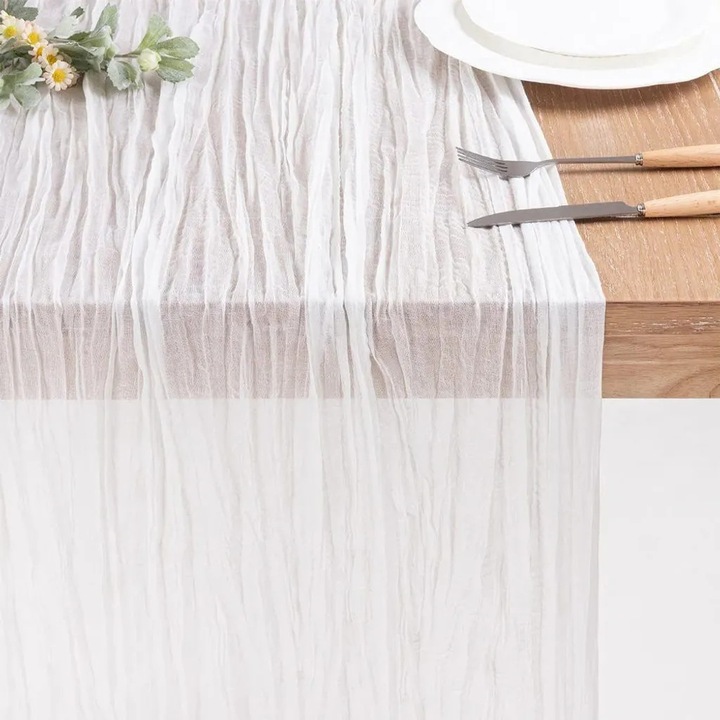 K0345-0808-KFCJ-xw25449 asztali futó pliszírozott cheesecloth típusú poliészterből, fehér, 90 x 300 cm