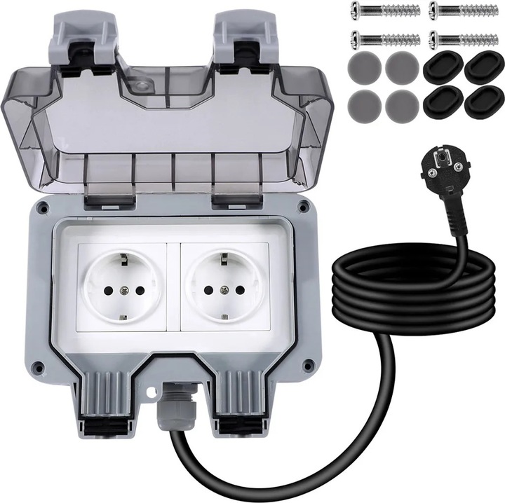 Priza de exterior K0345-0808-KFCJ-xw27249, 2 prize 16A, IP66 impermeabila, cu cablu 3 m, 220-240V, 3800W, protectie RCD, multicolor