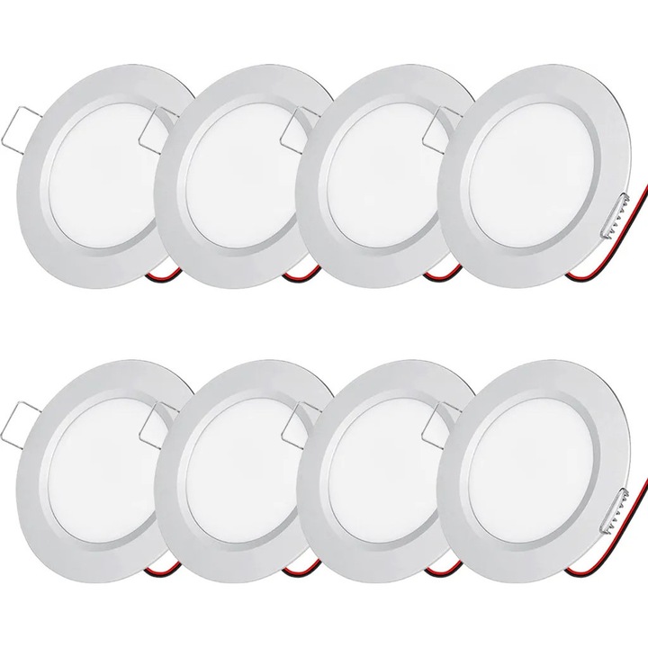 Комплект 8 вградени LED спота 3W 12V K0345-0808-KFCJ-xw27276, SMD 2835, димируеми, топло бяло, сребристи, външен диаметър 7 см, изрез 6 см, дебелина 15 мм