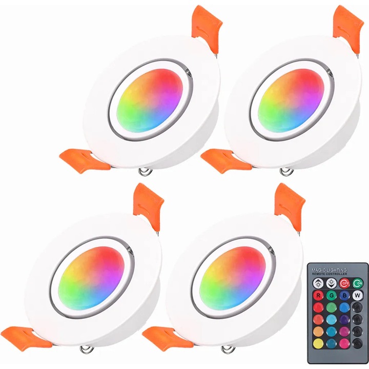 LED луничка за вграждане K0345-0808-KFCJ-xw27330 3W RGB димируема, 16 цвята, IR дистанционно управление, AC85-265V, диаметър 68 мм, бяла, комплект 4 бр.