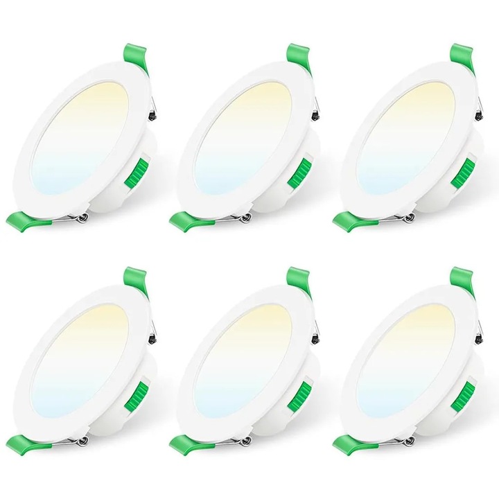 Комплект от 6 вградени LED спота 7W K0345-0808-KFCJ-xw27226, 3 цветови температури 3000/4000/6500K, димируеми, 220V, IP44, диаметър 90 мм, изрязан отвор 75–85 мм, бял