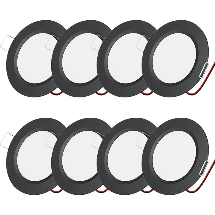 Комплект от 8 вградени LED спота 3W 12V (SMD 2835) K0345-0808-KFCJ-xw27505, ултратънък алуминий, 15 LED, студено бяла светлина, черен/бял, външен диаметър 7 см, отвор 6 см