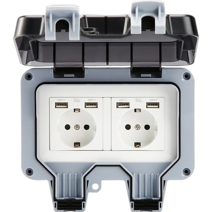 Priza de exterior dubla K0345-0808-KFCJ-xw27910, IP66, 2 x prize tip Schuko 16A 220-250V, 4 x USB 5V/2.1A, capac incuietor si protectie la praf, gri/alb