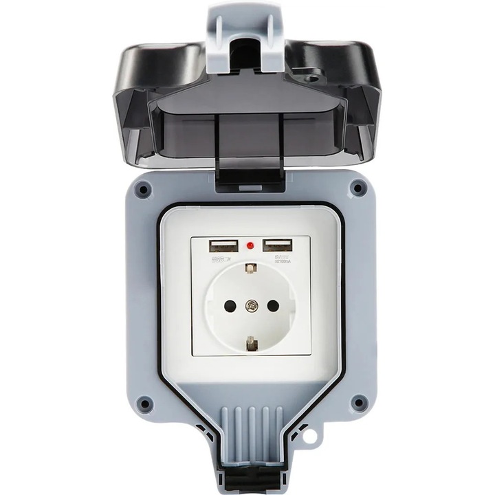 Priza exterioara etansa 16 A IP66 K0345-0808-KFCJ-xw27825, priza standard EU cu 2 porturi USB 5V/2.1A, gri/alb