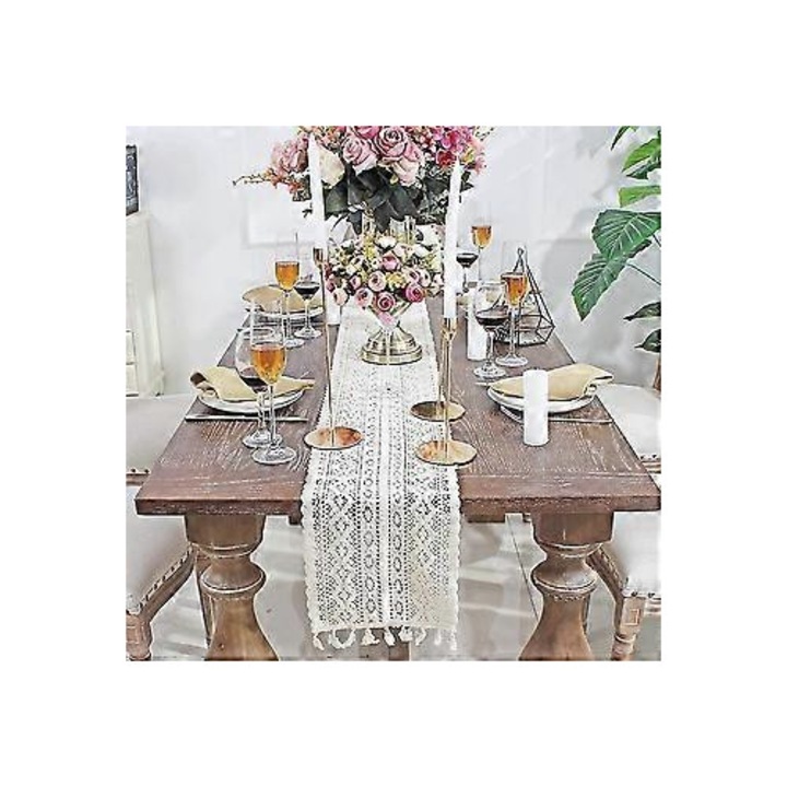Horgolt pamut asztali futó rojtokkal PO-CJ-K0433-26-8-08-2774, bézs, 200 x 24 cm