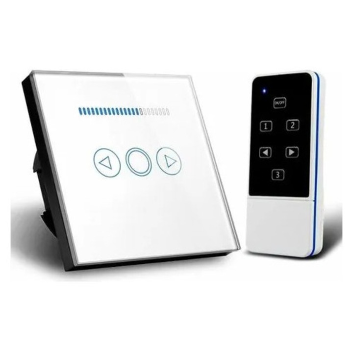 Comutator dimmer tactil cu telecomanda K0544-26808-119-MLC, panou din sticla temperata transparenta, wireless pentru LED 110-240V 6A, alb, 86 x 86 mm