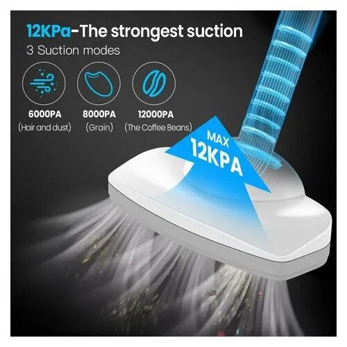 Aspirator vertical fara fir K0544-26808-1663-MLC, 12.000 Pa, 120W, baterie 6000 mAh, autonomie 30 min, filtru HEPA, lumina LED frontala, incarcare USB, alb/argintiu