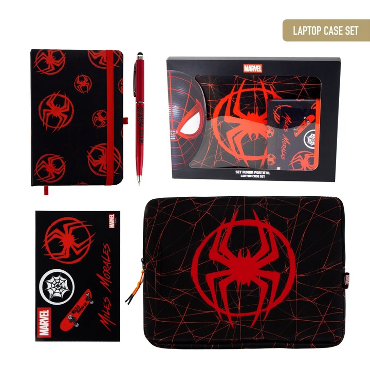Set husa laptop Cerda Marvel Miles Morales cu notes, pix si stickere, negru/rosu