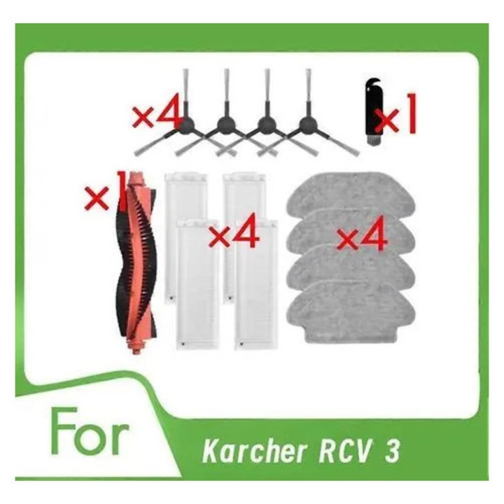 Set accesorii pentru robot aspirator Karcher RCV 3 K0544-26808-4552-MLC, 1 perie principala din cauciuc, 4 filtre, 4 lavete mop, 4 perii laterale, 1 perie de curatare, multicolor