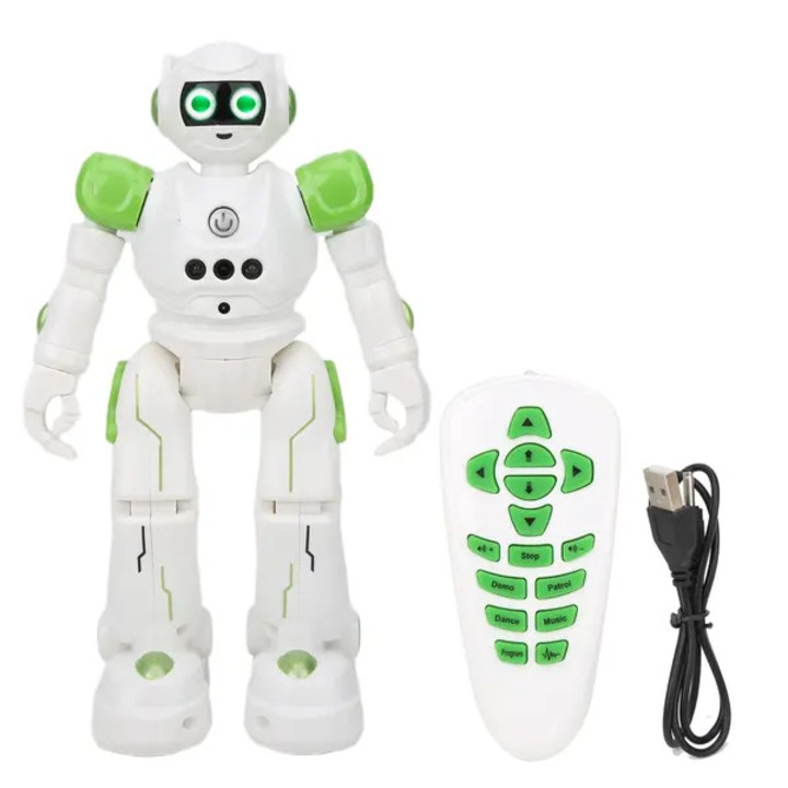 Робот играчка с дистанционно управление R11 IZO-CJ-K0502-20260806-3786, музика и танц, LED светлини, програмируем, батерия 3.7V 600mAh, дистанция на управление 6-8 м, бял/зелен, 16 x 9 x 27.5 см