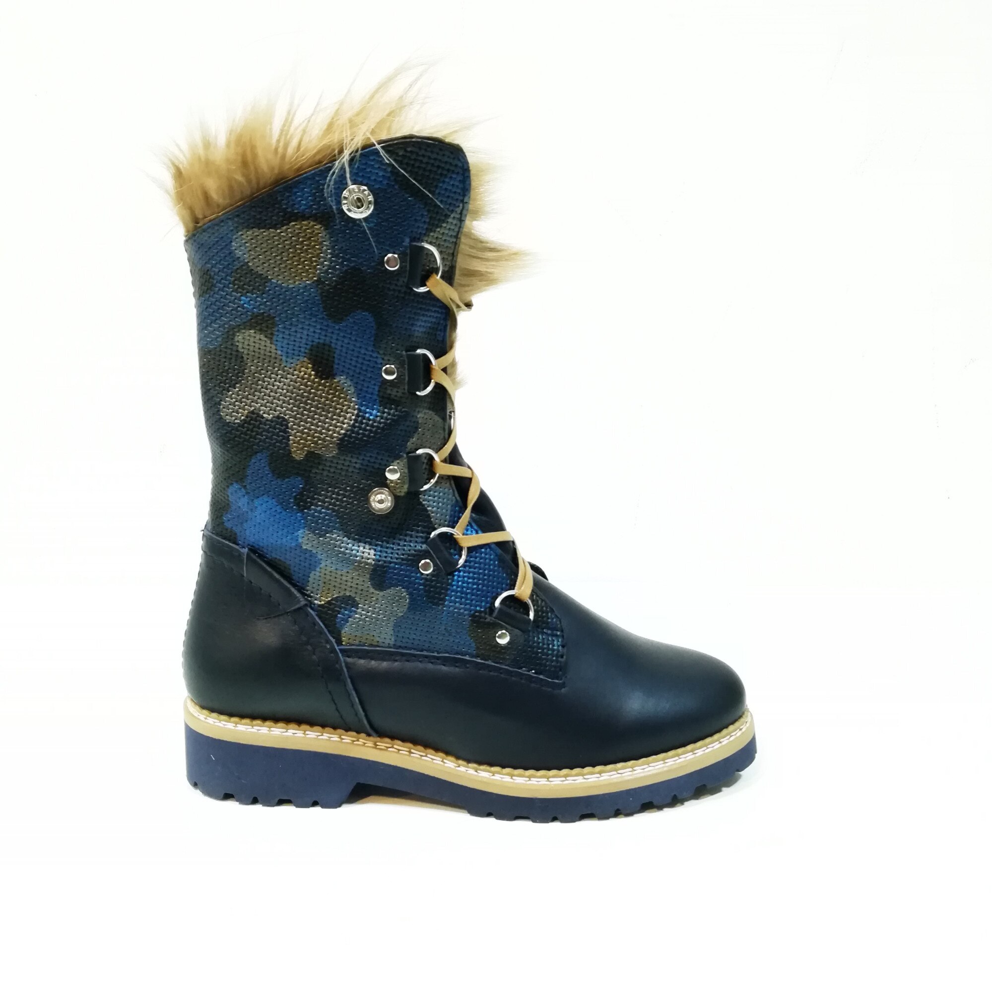 Ghete din piele naturala SAUVAGE, culoare bleumarin cu print camuflaj