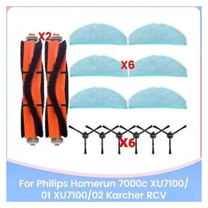 Set accesorii pentru aspirator robot Philips Homerun 7000c XU7100/01 XU7100/02, Karcher RCV 5, 2 perii principale, 6 perii laterale, 6 lavete mop, portocaliu/albastru, K0544-26808-4412-MLC