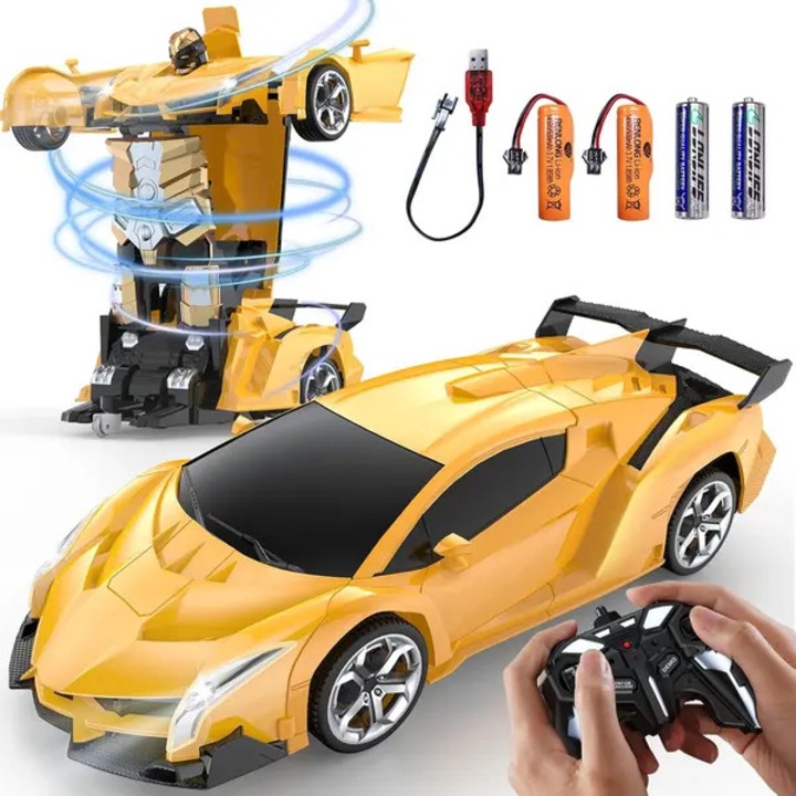 Трансформираща се RC кола IZO-CJ-K0502, 1:18, 2.4 GHz дистанционно управление, трансформация с един бутон 2-в-1, въртене на 360°, LED светлина, презареждаема батерия + батерии, жълт