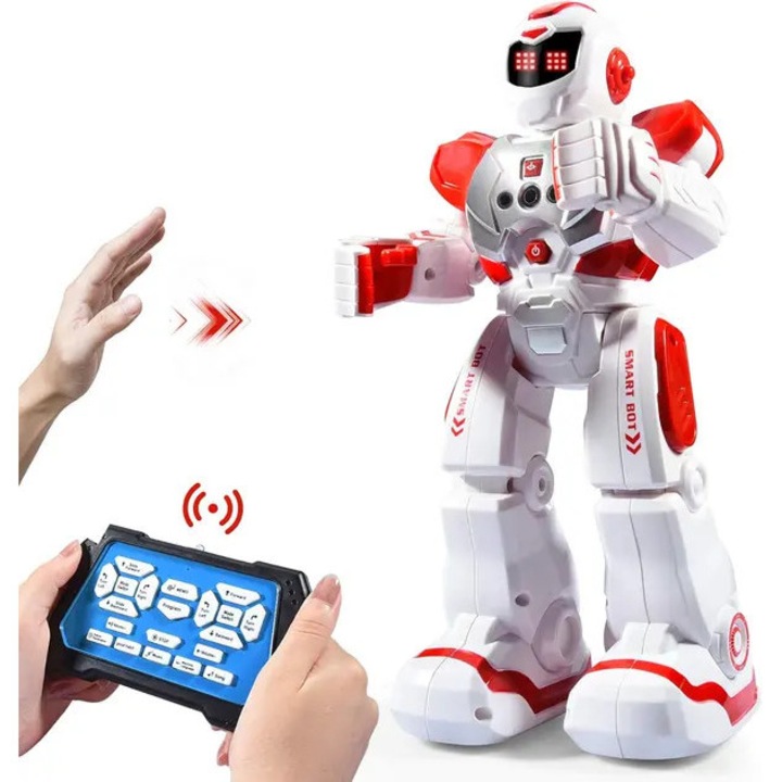 Програмируем робот играчка с дистанционно управление IZO-CJ-K0502-20260806-6054, управление с жестове и IR, 50 програмируеми действия, цветни LED светлини, USB презареждаем, 15 мелодии, за деца 3+, бял/червен