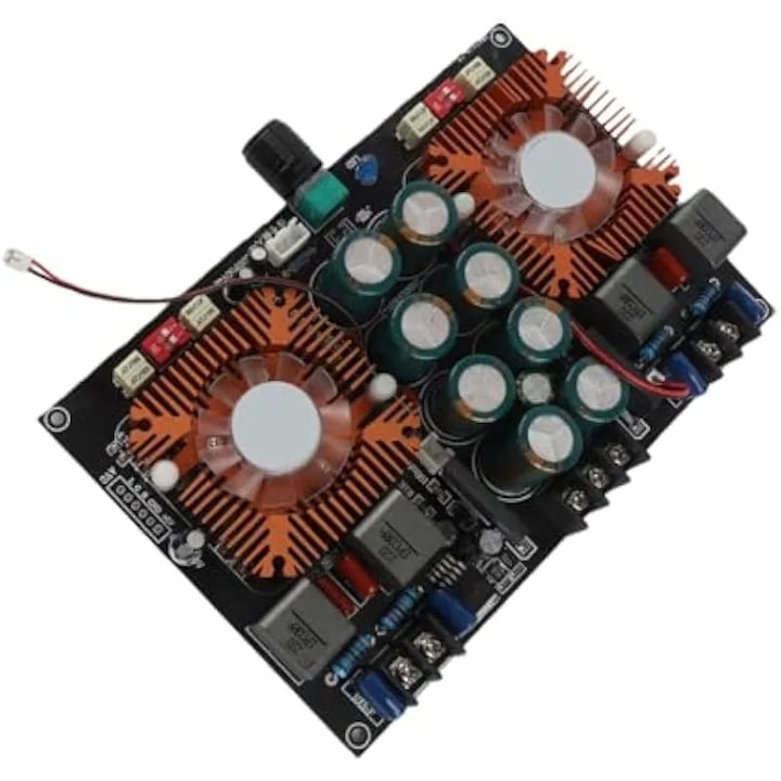 Цифрова усилвателна платка 2 канала K0575-260808-0703-AMC, 2 x 420 W, за високоговорители 4–8 Ω, с охлаждащ вентилатор и радиатори, многоцветна