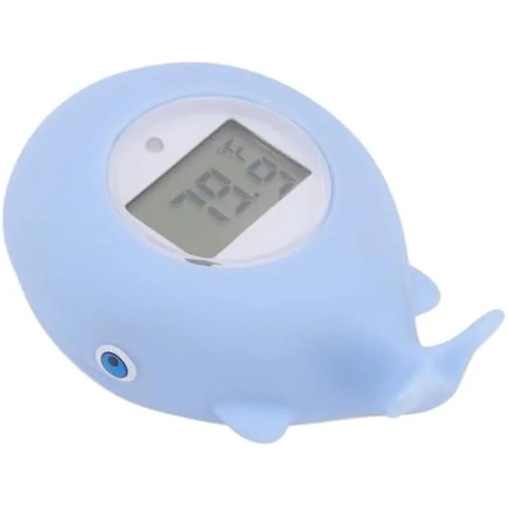 K0575-260808-1469-AMC fürdőhőmérő, bálna forma, LCD kijelző, csendes riasztás, színes figyelmeztetés (kék/piros), BPA-mentes ABS, kék