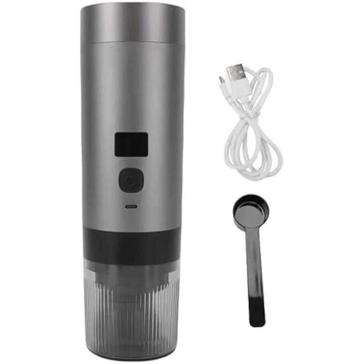 Espressor portabil K0575-260808-3252-AMC, 2600mAh, 3-in-1 (capsule mari/mici si cafea macinata), incalzire 90°C in 5–6 min, display digital, incarcare USB, gri metalic