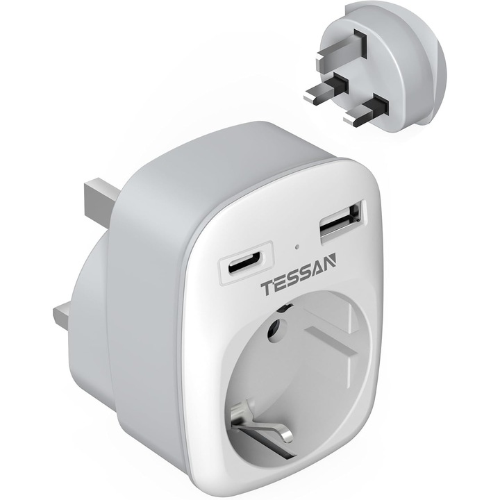 Adaptor Priza UK, Convertor Calatorie Europa-Marea Britanie, 3-in-1