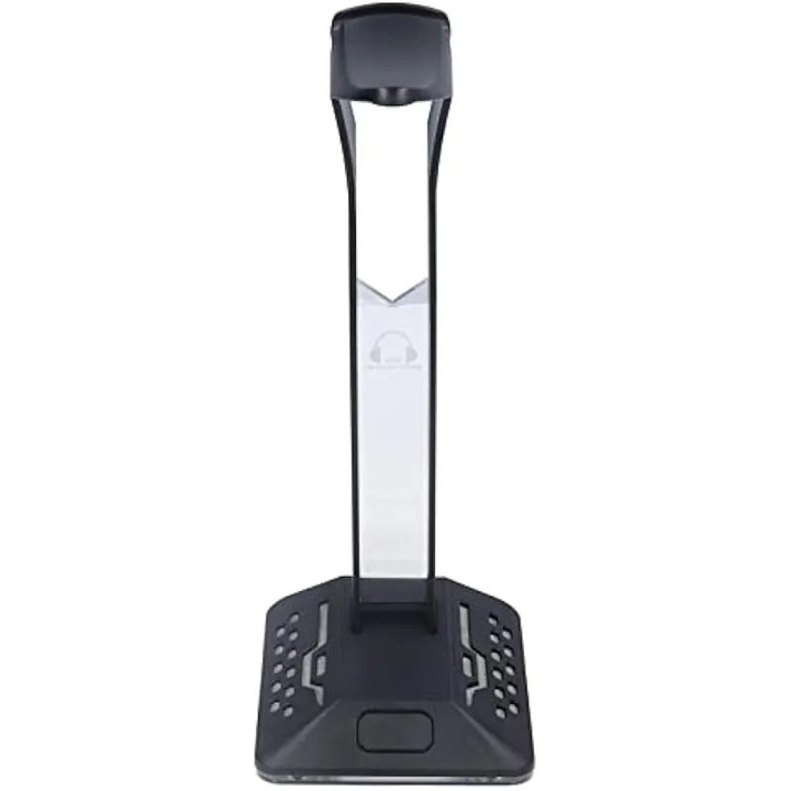 K0575-260808-1551-AMC fejhallgató tartó, RGB világítás, 2 USB 2.0 port, univerzális headset tartó, fekete