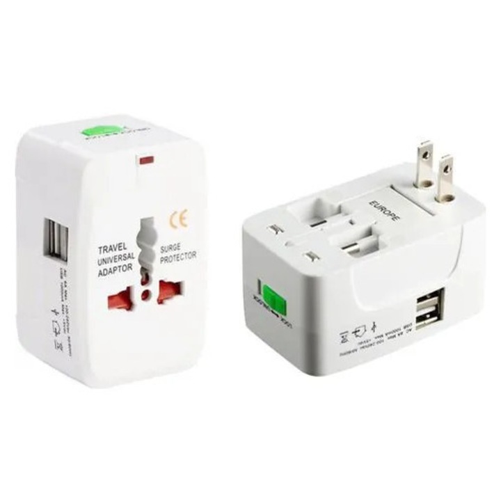 Adaptor de priza universal pentru calatorie K0575-260808-0735-MNC, 4 prize UK/US/AUS/EU, 2 porturi USB, 110–240V, protectie la supratensiune, alb