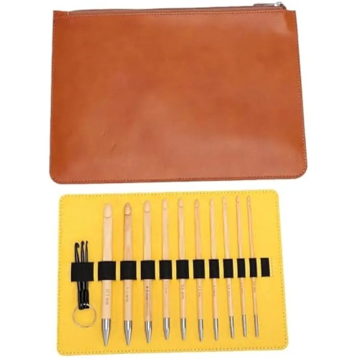 Set de crosete tunisiene interschimbabile K0575-260808-1355-AMC, 10 crosete 3,5–10 mm, 4 cabluri 16/24/33/40 inchi, bambus/aluminiu/otel inoxidabil, husa de transport, multicolor