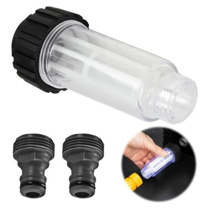 Filtru de apa pentru masini de spalat cu presiune K0575-260808-1125-MNC, racord 3/4", 2 adaptoare rapide, pentru Karcher K2-K7, max 12 bar, transparent/negru