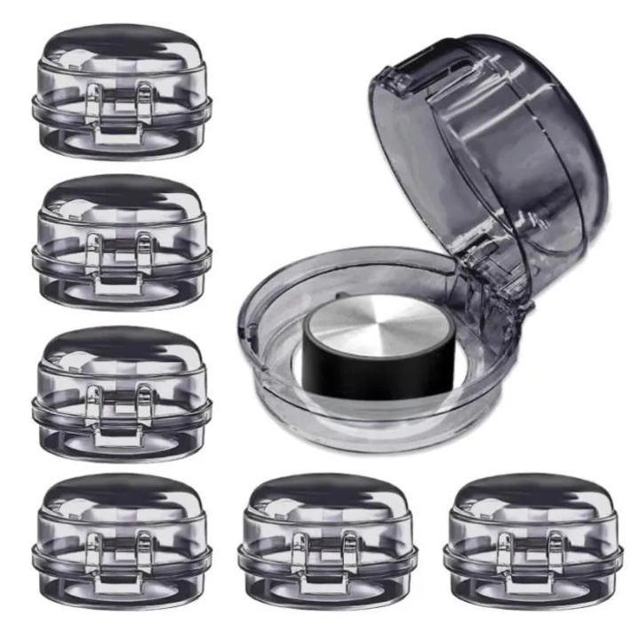 Capac protectie buton aragaz cidiscount-xKx-260808-142, din PP rezistent la temperatura, cu inchidere snap pentru siguranta copii, fumuriu transparent, set 6 buc.