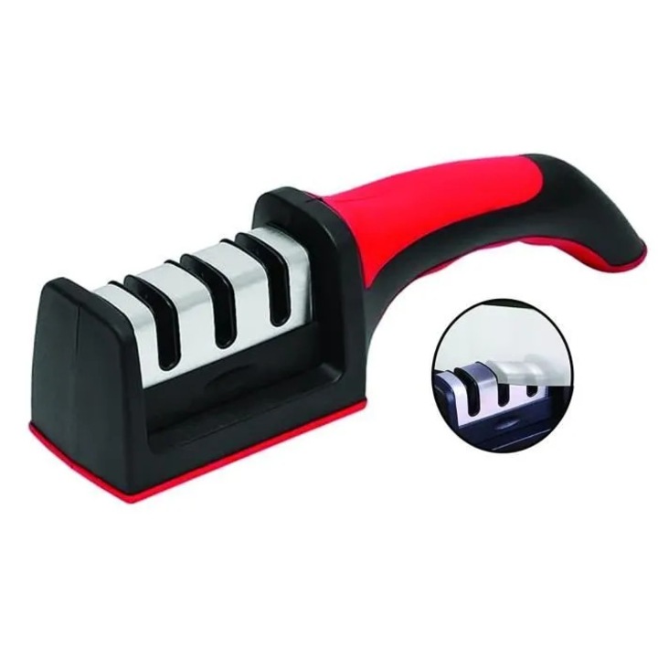 Ascutitor cu 3 trepte pentru cutite cidiscount-xKx-260808-83, cu pietre din carbura de tungsten si ceramica, negru/rosu
