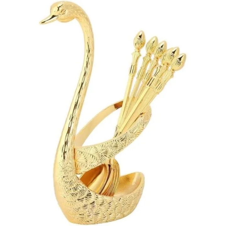 Set de linguri pentru desert din otel inoxidabil cu suport in forma de lebada, auriu, 6 buc., suport 15 x 5 x 7,5 cm, lavabil la masina de spalat