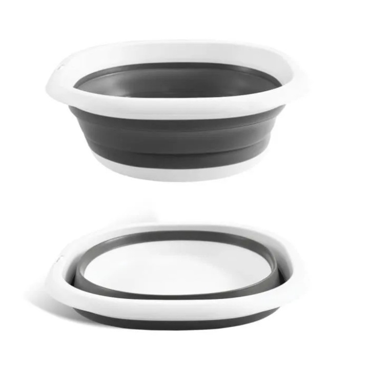 Lighean pliabil din silicon si plastic, 2.7 L, antiderapant, cu orificiu pentru agatare, gri/alb