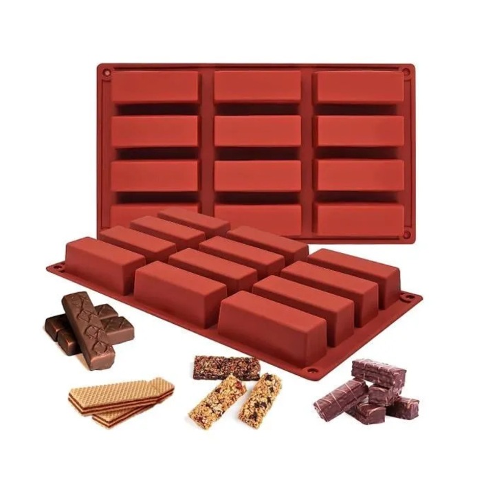 Matrita din silicon pentru batoane de cereale cidiscount-xKx-260808-335, 12 cavitati, set 2 bucati, rosu, dreptunghiulara