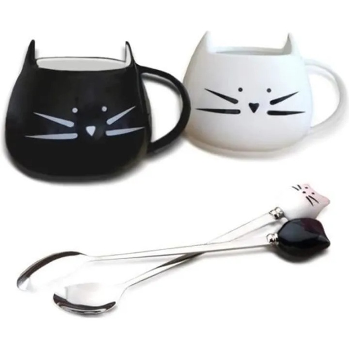 Set 2 cani ceramice cu model pisica, 500 ml, negru/alb