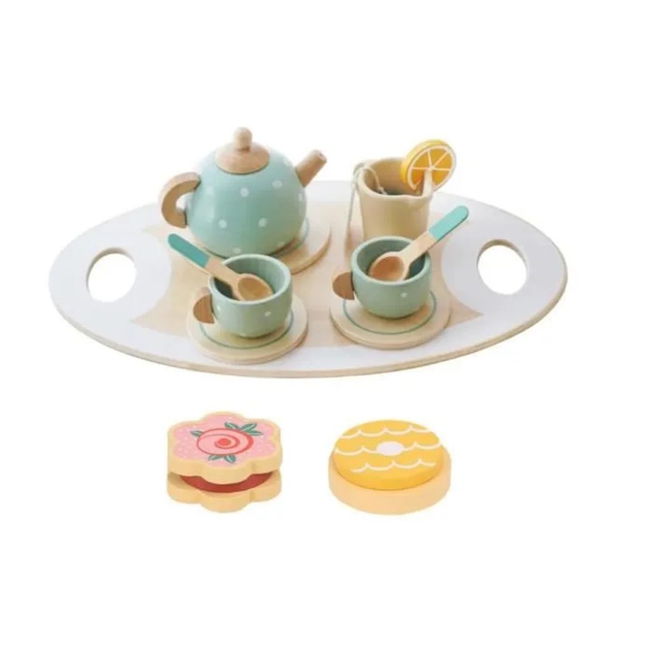 Set de ceai din lemn pentru copii cidiscount-xKx-260808-303, vopsea non-toxica, include ceainic, 2 cani cu farfurii, linguri, tava si accesorii, multicolor