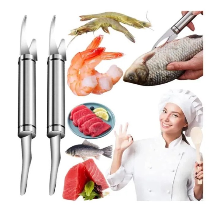 Cutit multifunctional pentru peste 5-in-1 din otel inoxidabil 304, decojitor si deveiner pentru creveti, argintiu, set 2 buc