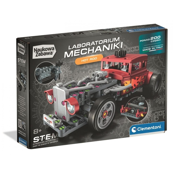 Set de constructie Clementoni Laborator de mecanica Hot Rod 756508, STEM, mecanisme functionale (directie si pistoane), peste 211 piese, multicolor