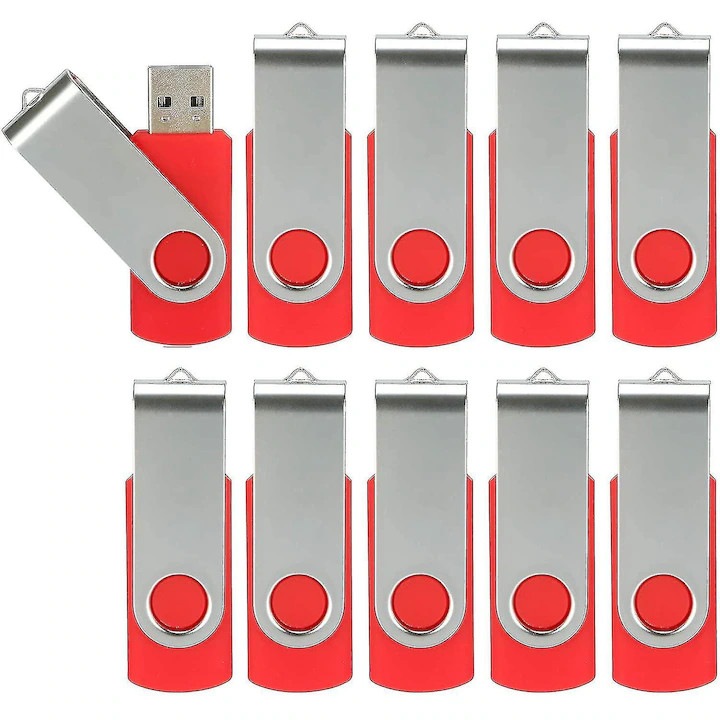 Set 10 memorii USB CJSJ-K0204-20260808-193, 8GB fiecare, USB 2.0, design rotativ cu clapeta metalica, rezistente la intemperii, rosu/argintiu