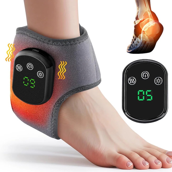 Aparat de masaj electric pentru glezna CJSJ-K0204-20260808-302, incalzire cu infrarosu, 5 setari temperatura, 3 intensitati vibratie, wireless, reincarcabil USB-C, reglabil, gri
