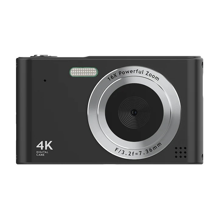CJSJ-K0204-20260808-421 digitális fényképezőgép, 4K, 16x zoom, 2,4" kijelző, elektronikus stabilizálás, vaku, 32GB kártya mellékelve, USB olvasó és Android adapter, 360°-os forgatás, fekete