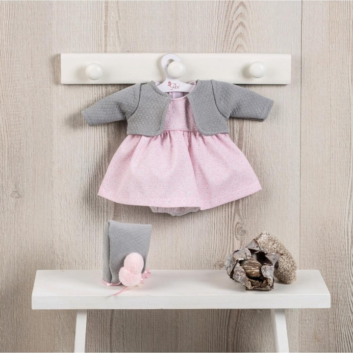 Asi, set haine pentru papusa din material textil cu rochita si bolero Koke, gri/roz, 36 cm