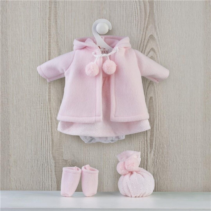 Asi, set de haine pentru papusa Koke in textil, sacou cu gluga, rochita, botine si caciulita, roz, 36 cm