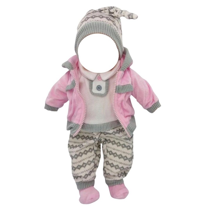 MarioToys, hainuta pentru papusa din material textil cu jacheta si caciula, roz/gri, pentru papusi 40-45 cm