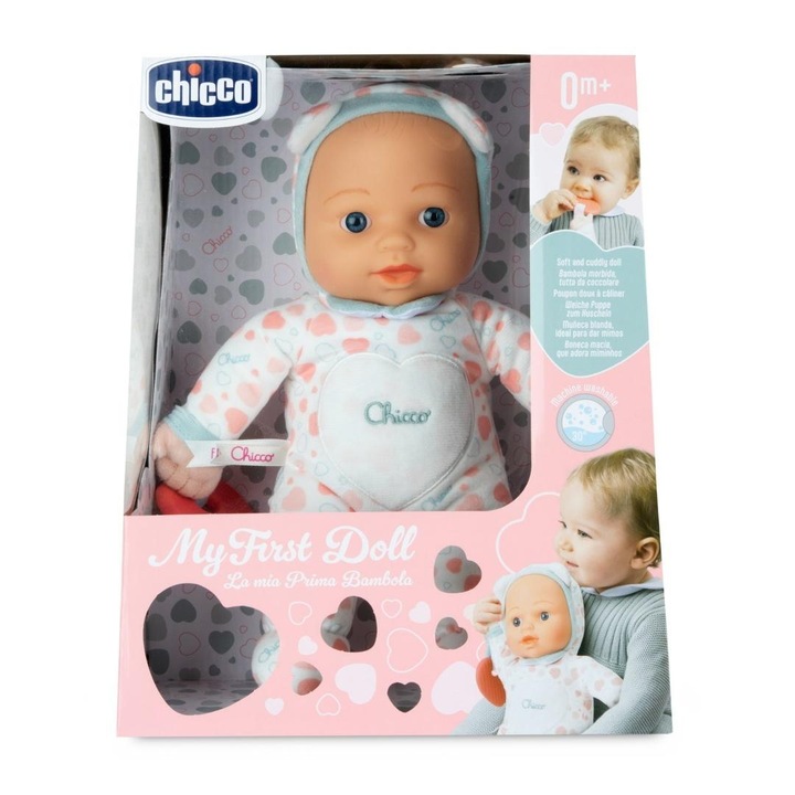 Papusa Chicco My First Doll 790776, din vinil si material moale, lavabila 30°C, multicolor, 0+ luni