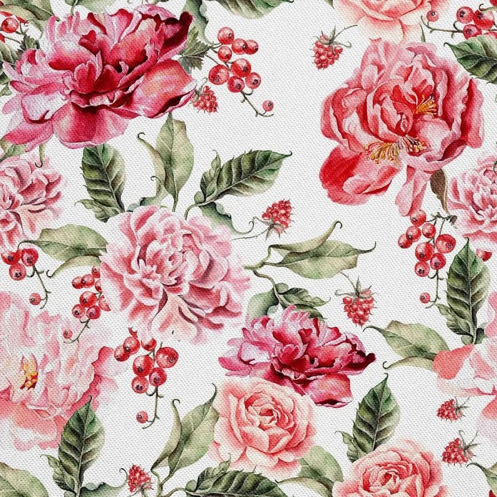 Oxford DX439 kültéri textil anyag, 100% poliészter, PU bevonat, 210 g/m², szélesség 155 cm, rózsa és ribizli minta, Többszínű, kód K0345-0808-KFCJ-xw620