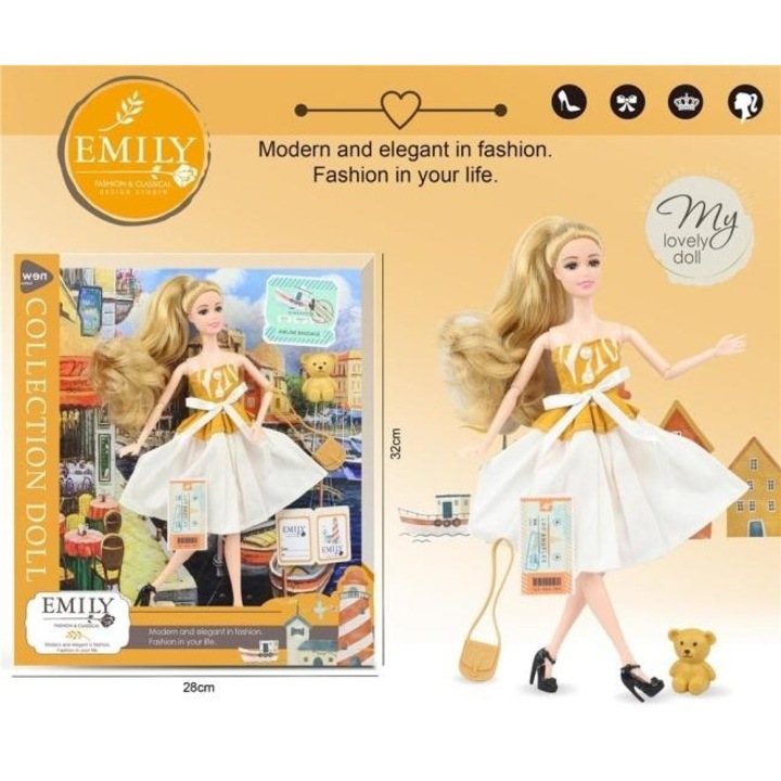Merkpol, papusa de moda din vinil Emily cu accesorii si cutie de colectie, multicolor, 32 cm