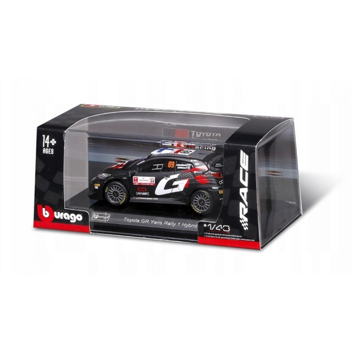 Bburago Toyota GR Yaris Rally1 Hybrid gyűjthető autómodell, Race sorozat, 1:43 méretarány, többszínű, termékkód: 795302