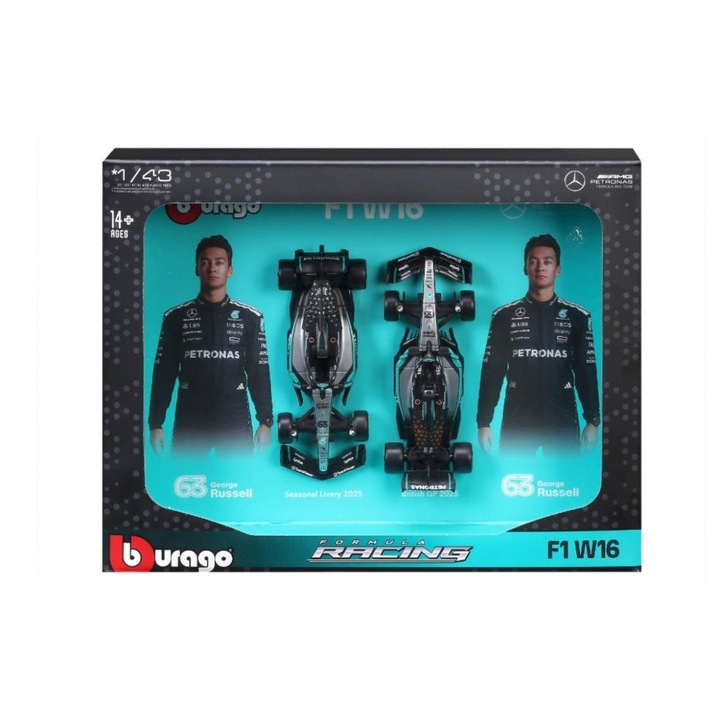Bburago F1 W16 1/43 Mercedes AMG Petronas George Russell gyűjtői autó szett, 2 db, többszínű