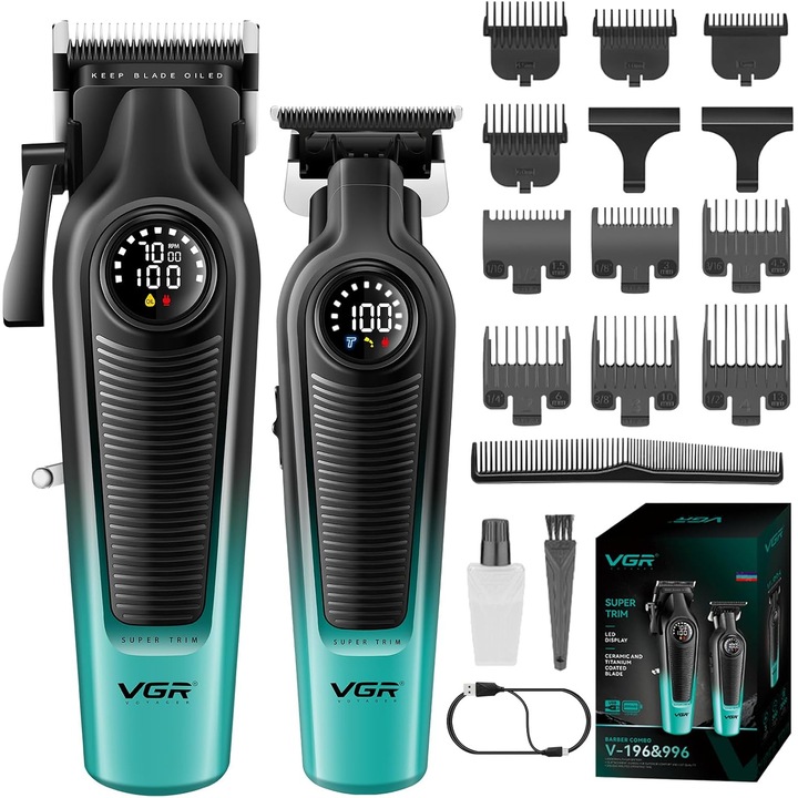 Set Profesional Trimmere VGR 196 & 996, Lame Ceramice-Titan, LED, 10 Piepteni