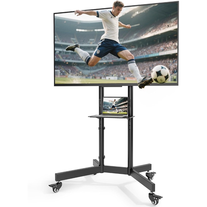 Mobil TV Állvány, Állítható Magasságú, 32-86 hüvelyk, 90kg, Kerekekkel és Polccal