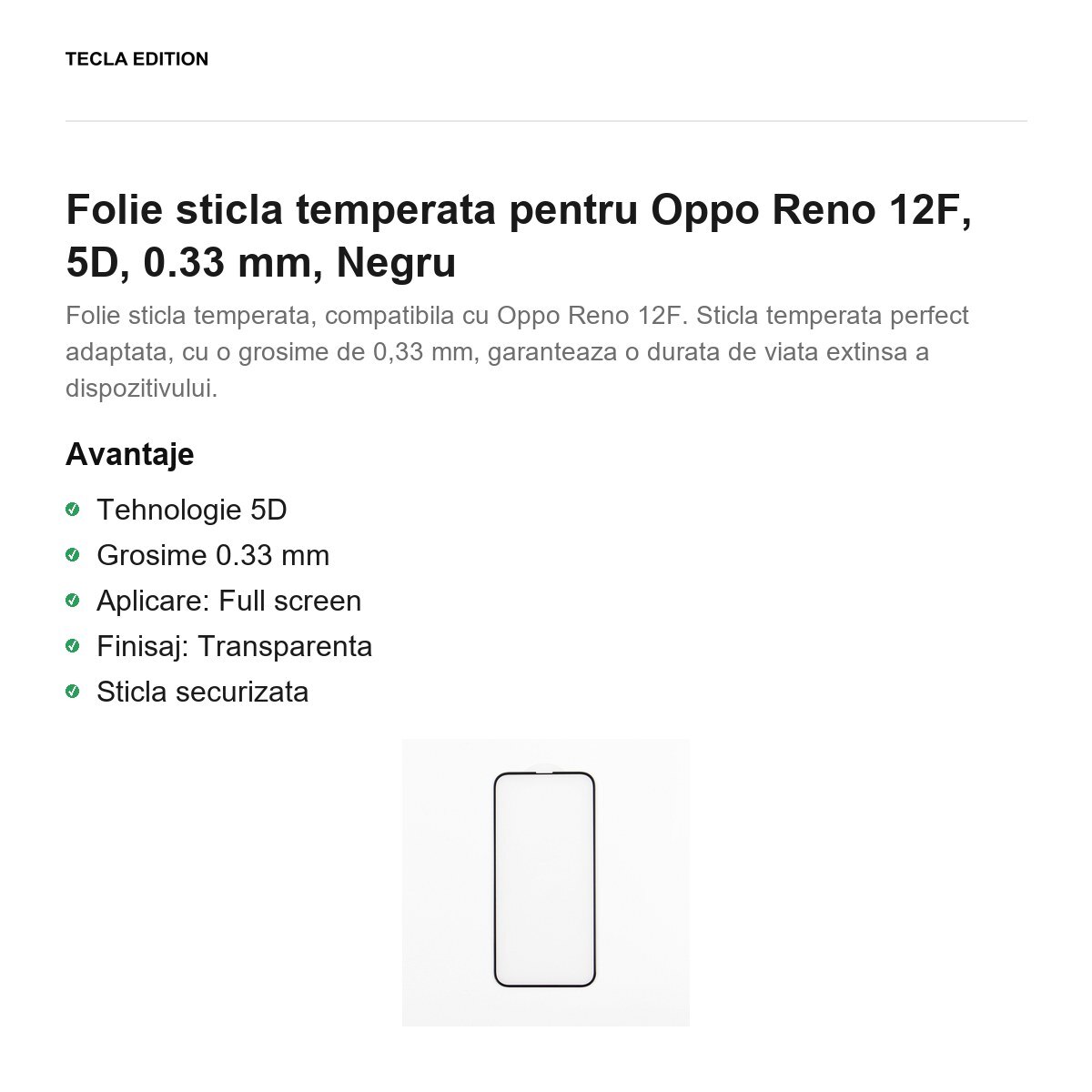Folie sticla temperata pentru Oppo Reno 12F, 5D, 0.33 mm, Negru